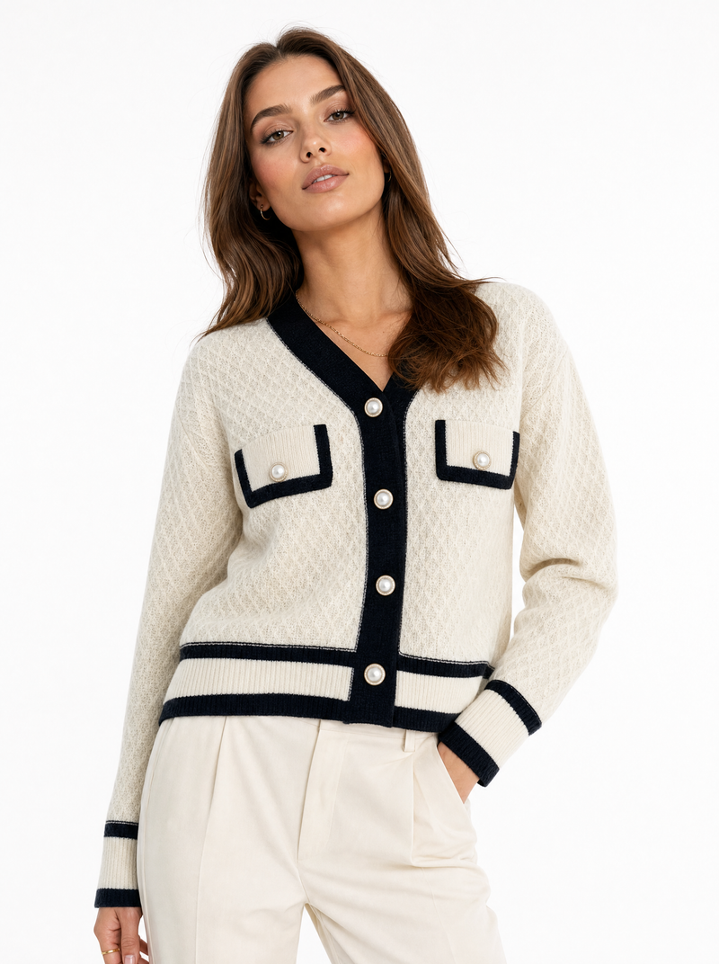 Cardigan bicolore à boutons nacrés